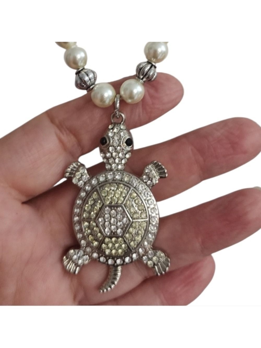 Faux Pearl Silvertone Turtle Pendant Necklace Earring Set